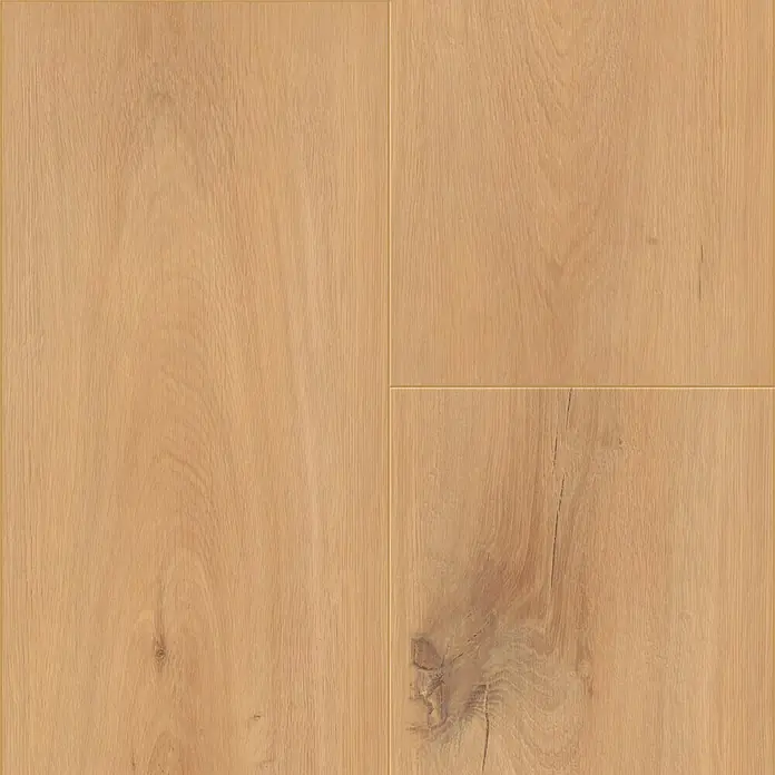 LOGOCLIC Laminatmuster Aquaprotect Sunset Oak - 290 x 200 x 8 mm, Landhausdiele - Nahaufnahme von drei hellbraunen Vinyl-Dielen, die ein natürliches Holzmuster und Texturen aufweisen. Perfekt für moderne Innenräume.