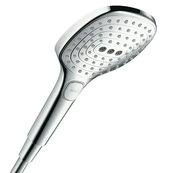 Hansgrohe Handbrause Raindance Select E 120 - Anzahl Funktionen: 3 Stk., Durchmesser: 12 cm, Chrom - Duschkopf aus Chrom mit mehreren Strahlarten, die per Knopfdruck ausgewählt werden können, für ein luxuriöses Duscherlebnis.