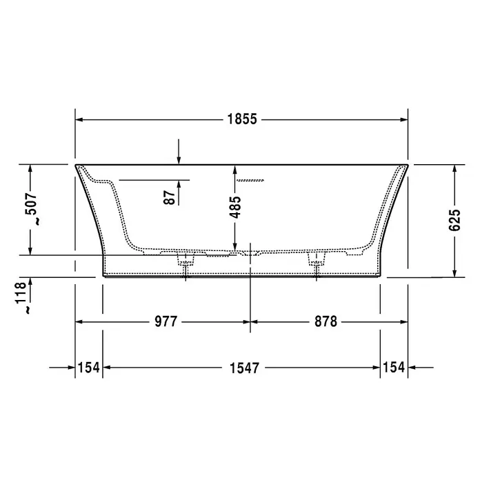 Duravit Cape Cod Freistehende Badewanne - L x B: 185,5 x 88,5 cm, Mineralguss, Weiß - Technische Zeichnung einer Badewanne mit Maßen. Die Zeichnung zeigt die Abmessungen der Badewanne in Millimetern.