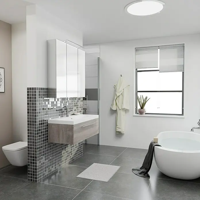 Camargue Espacio Badmöbel-Set i47 - 100 cm, Faro - Badezimmer mit weißer Badewanne, Waschtisch mit grauen Fliesen und Spiegel. Modernes Design für stilvolles Ambiente.