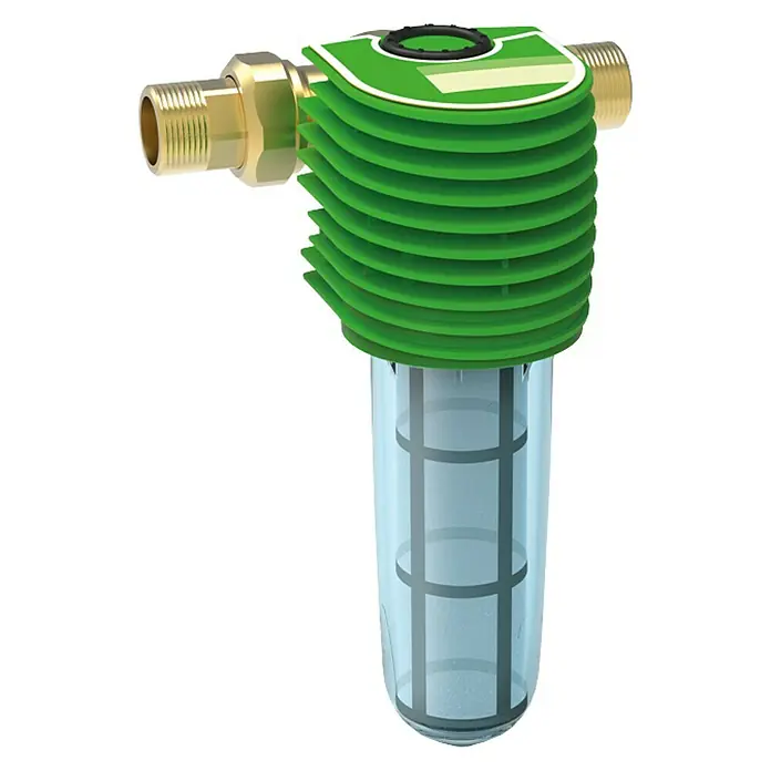 Grünbeck Feinfilter Boxer KX - ¾″ - Ein grüner Wasserfilter mit einem durchsichtigen Gehäuse und Messinganschlüssen.