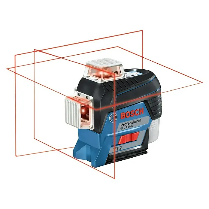Bosch Professional Linienlaser GLL 3-80C - Max. Arbeitsbereich: 30 m, 5 -tlg. - Das Bild zeigt ein Bosch GLL 3-80 C Professional Linienlaser-Nivelliergerät, das rote Laserlinien projiziert, ideal für präzise Bau- und Ausbauarbeiten.