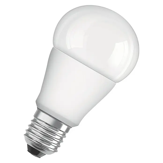 Osram LED-Lampe Superstar Classic A - E27, Dimmbar, Warmweiß, 806 lm, 8,8 W - Nahaufnahme einer weißen LED-Glühbirne mit einem silbernen Sockel, die ein helles, effizientes Licht verspricht.