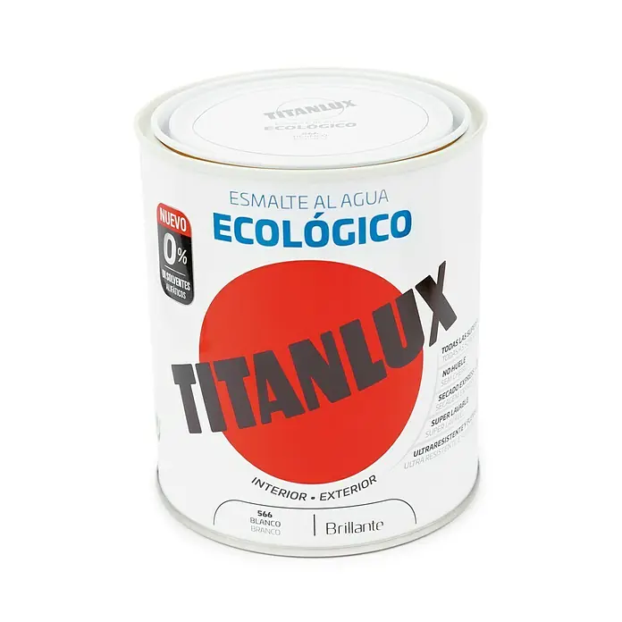Titanlux Esmalte de color Eco - Blanco, Brillante, 250 ml, Base de agua - Bote de pintura al agua Titanlux, ecológica, para interiores y exteriores, color 566 Blanco, acabado brillante.
