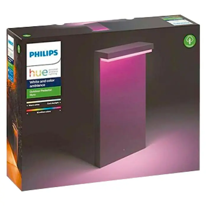 Philips Hue Sobremuro exterior Nyro - 13,5 W, Color del marco: Negro, RGBW, 9,9 x 25,5 x 40 cm, Con bombillas - Embalaje de una lámpara de pedestal para exteriores Philips Hue White and Color Ambiance.