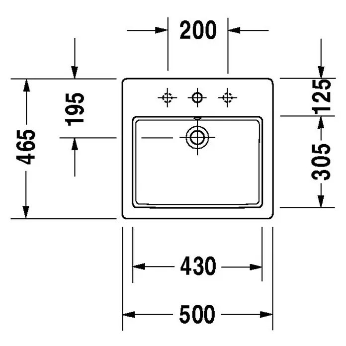 Duravit Vero Einbauwaschbecken - 50 x 46,5 cm, Mit schmutzabweisender Glasur, Hahnloch: Mitte, Mit Überlauf, Weiß - Draufsicht auf ein rechteckiges Waschbecken mit Maßen für Installation und Design.