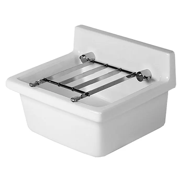 Duravit Starck 3 Waschbecken - B x L: 48 x 42,5 cm, Mit schmutzabweisender Glasur, Hahnloch: Ohne, Ohne Überlauf, Weiß - Das Bild zeigt ein Waschbecken mit einer Halterung. Das Waschbecken ist weiß und die Halterung ist aus Metall gefertigt und dient als Ablage.