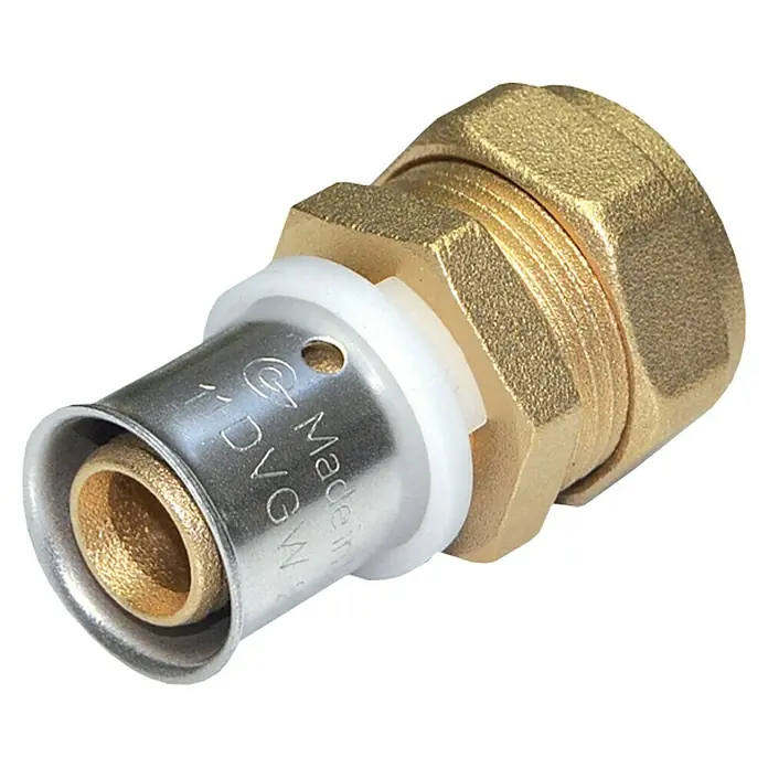 Comisa Press-Übergangsstück - Durchmesser: 20x2mm -22m, Passend für: Verbundrohre Ø 20x2 mm, Innendurchmesser: 22 mm - Detailaufnahme einer Messing-Rohrverschraubung mit silberfarbenem Einsatz, ideal für Sanitär- und Heizungsinstallationen.