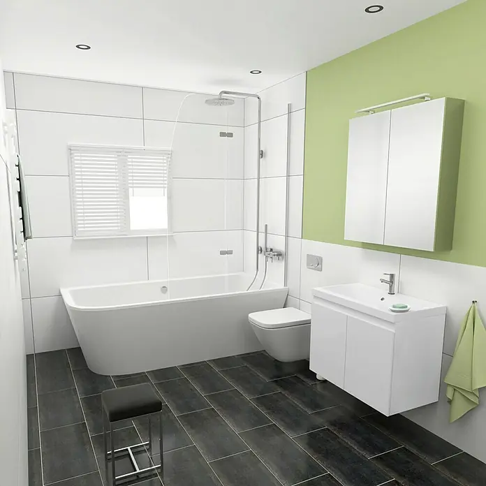 Camargue Espacio Badmöbel-Set G23 - 80 cm, Gama weiß glänzend - Badezimmer mit Badewanne, Waschbeckenunterschrank, WC und einem Hocker. Die Wand ist mit weißen Fliesen und grün gestrichen.