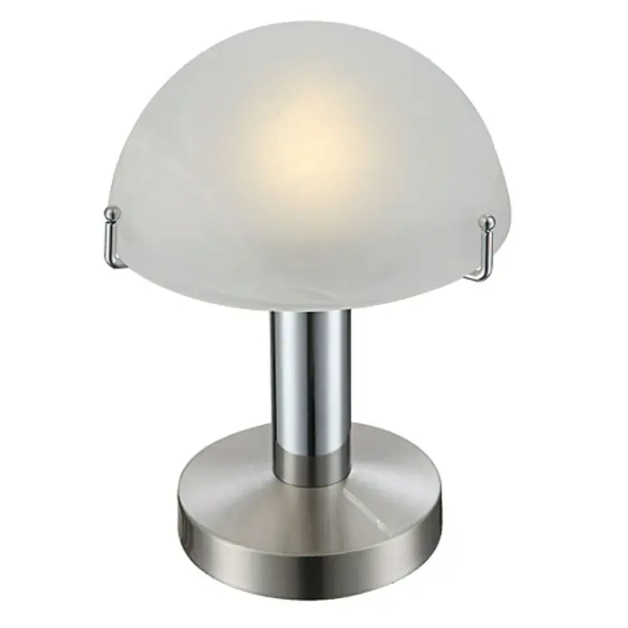 Globo Lámpara de sobremesa LED - 3 W, Blanco, Alabastro, Blanco cálido - Primer plano de una lámpara de mesa moderna con una pantalla de vidrio esmerilado y una base de metal, emitiendo un brillo cálido.