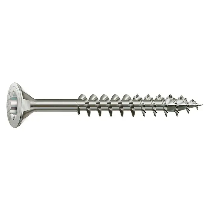 Spax T-Star plus Senkkopfschraube Rostfrei - Ø x L: 3 x 16 mm, Edelstahl, 25 Stk., Vollgewinde - Nahaufnahme einer SPAX-Holzschraube mit Senkkopf und Wellenprofil für Holzverbindungen.