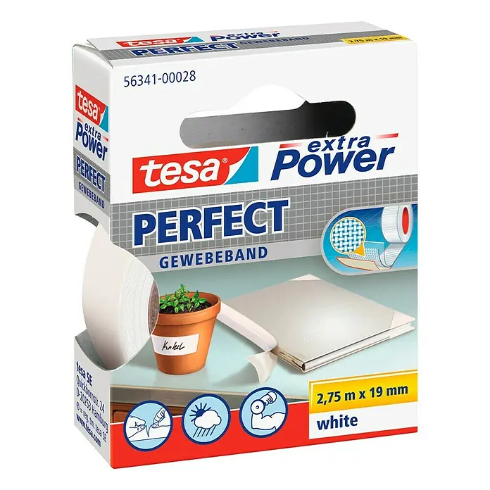 Tesa Extra Power Gewebeband PERFECT - Weiß, 2,75 m x 19 mm - Abbildung der Tesa Perfect Power Gewebeband-Verpackung mit einer Rolle weißen Gewebebands.