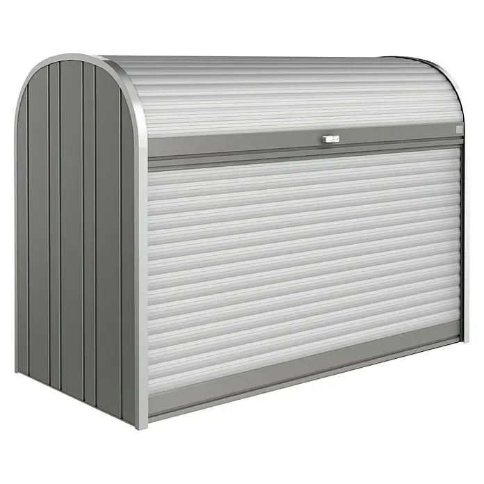 Biohort StoreMax Garten-Aufbewahrungsbox StoreMax 190 - Quarzgrau, 190 x 97 x 136 cm, Stahl - Bild eines abschließbaren, wetterfesten Gerätehauses mit Rolltor und abgerundetem Dach, ideal für die Aufbewahrung im Außenbereich.