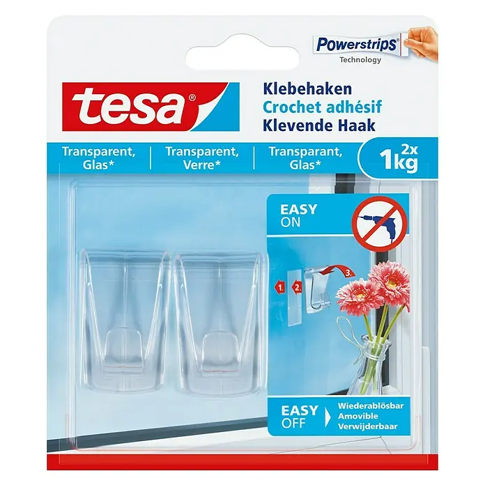 Tesa Klebehaken - Geeignet für: Glas, Belastbarkeit: 1 kg, 2 Stk., Transparent - Tesa Powerstrips Klebehaken, transparent, für Glas. Hält bis zu 1 kg. Ideal für Fenster und Spiegel. Einfach anzubringen und wieder ablösbar.