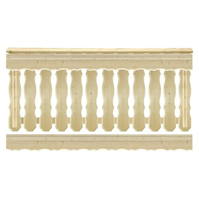Balkonbrett - Fichte/Tanne, 840 x 140 x 20 mm, Geschwungen, 5 Stk. - Detailansicht eines hölzernen Geländers mit dekorativen Balustern und Zierleisten, ideal für Balkone oder Terrassen.