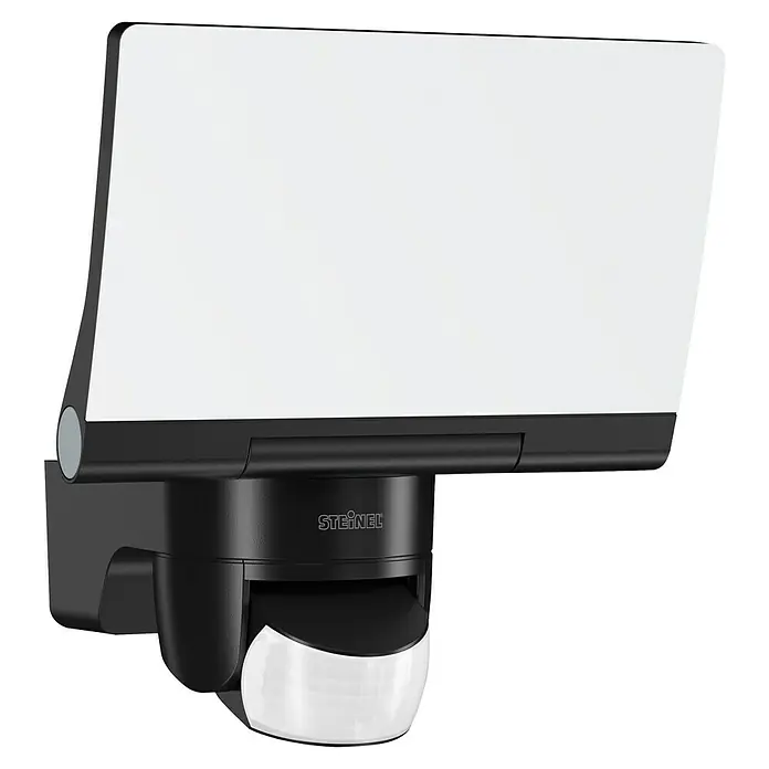 Steinel LED-Sensor-Strahler XLED home 2 S schwarz - 13,7 W, L x B x H: 161 x 180 x 218 mm, Schwarz, IP44 - Nahaufnahme einer schwarzen Steinel Außenleuchte mit Bewegungsmelder und weißem Lichtpaneel vor neutralem Hintergrund.