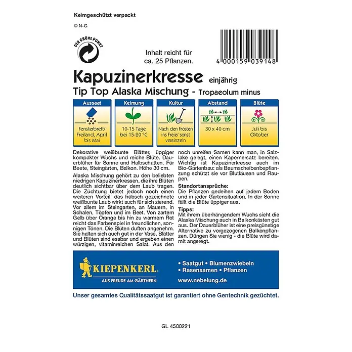 Kiepenkerl Profi-Line Kräutersamen Kapuzinerkresse Alaska Mischung - Tropaeolum majus, Saatzeit: April - Abbildung einer Packung Kapuzinerkresse 'Tip Top Alaska Mischung', einjährige Sorte für farbenfrohe Blüte und dekoratives Laub.