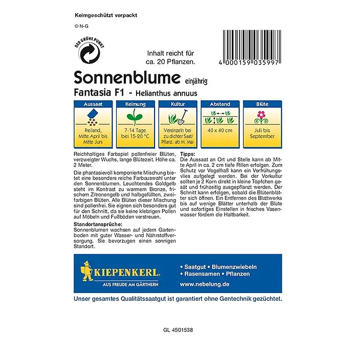 Kiepenkerl Profi-Line Blumensamen Sonnenblume - Fantasia Mix, Helianthus annuus, Blütezeit: Juli - Samentüte Sonnenblume 'Fantasia F1'. Einjährige Sonnenblume mit reichhaltigem Farbspiel, ideal für Garten und Schnittblumen.