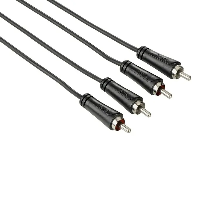 Hama Cinch-Kabel - 4 x Cinch-Stecker, 1,5 m - Abbildung von vier schwarzen Cinch-Audiokabeln von Hama mit Steckern. Die Kabel sind auf einem weißen Hintergrund angeordnet.