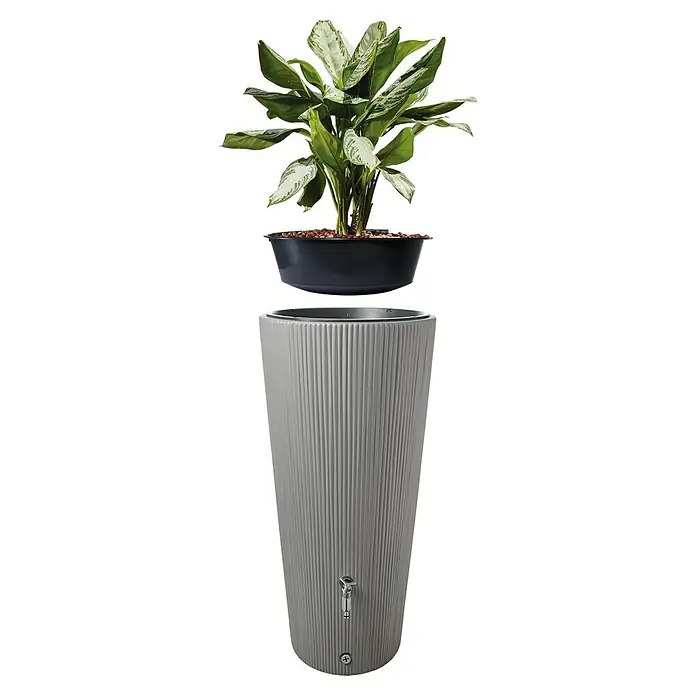 Garantia Classic Line Regenspeicher - 220 l, Zinkgrau - Ein stilvoller, vertikaler Regenspeicher mit integriertem Pflanzgefäß oben, ideal für Garten und Balkon.