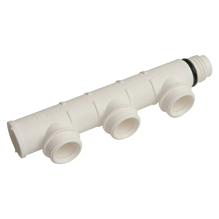 Marley AquaStec Verteiler - 3-fach - Abbildung eines Henco Verteilers mit drei Abgängen, ideal für Sanitär- und Heizungsinstallationen.