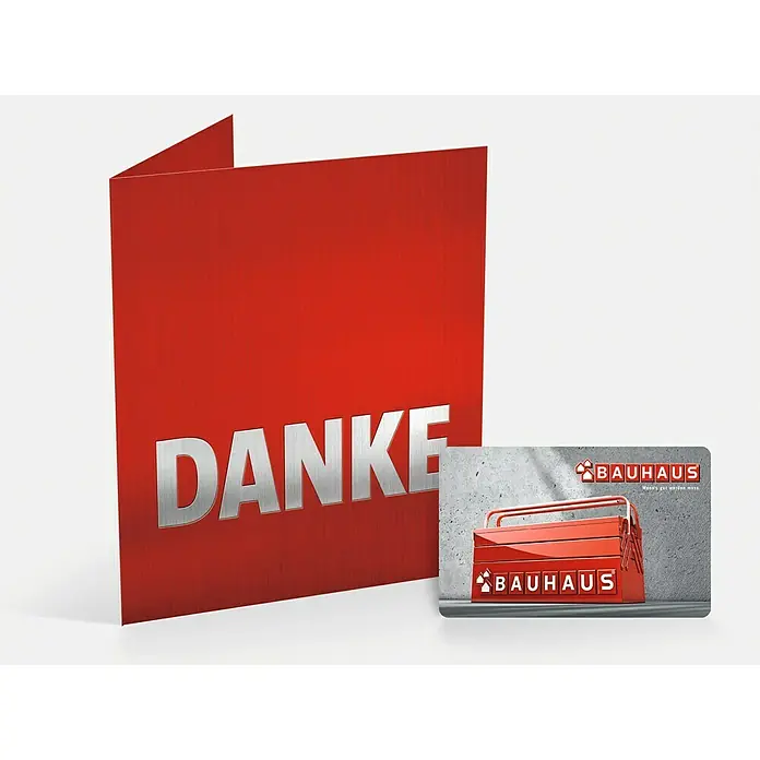 Gutscheinkarte - Per Postversand, 10 Euro, Werkzeugkasten - Dankeskarte mit Bauhaus-Geschenkkarte. Ideal, um Wertschätzung und Freude zu schenken. Die perfekte Aufmerksamkeit für Heimwerker und Profis.