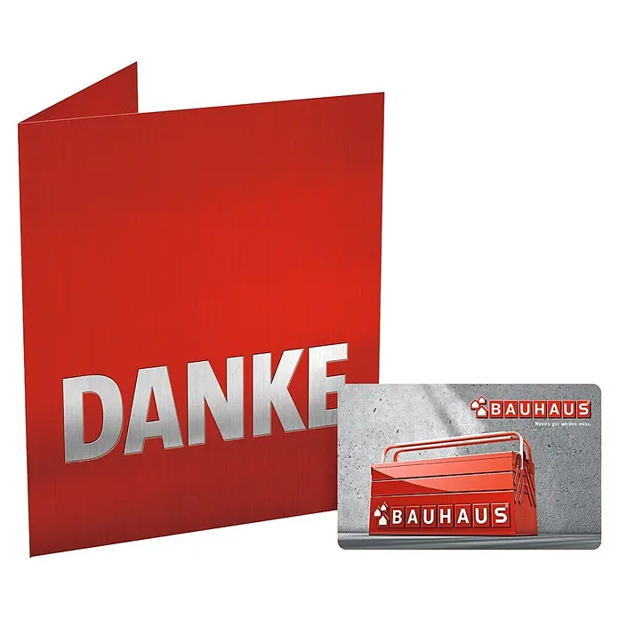 Gutscheinkarte - Per Postversand, 20 Euro, Werkzeugkasten - Dankeskarte mit Bauhaus-Geschenkkarte. Ideal, um Wertschätzung und Freude zu schenken. Die perfekte Aufmerksamkeit für Heimwerker und Profis.