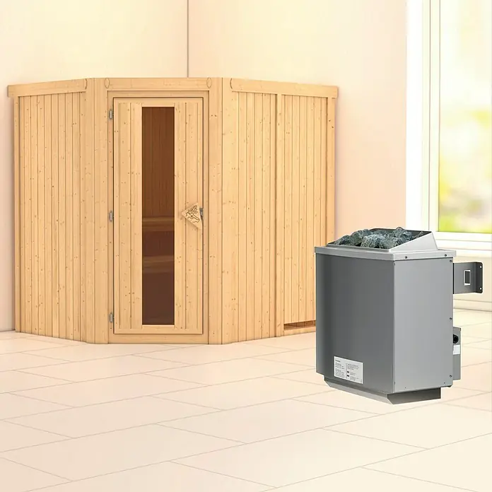 Karibu Elementsauna Siirin - Mit 9 kW Ofen mit integrierter Steuerung, Ohne Dachkranz, Materialspezifizierung Tür: Massivholztür, L x B x H: 196 x 170 x 192 cm - Sauna mit Holzverkleidung und modernem Saunaofen mit Lavasteinen. Perfekt für entspannende Wellnessmomente im eigenen Zuhause.