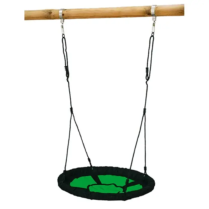 Nestschaukel - Durchmesser: 98 cm, Apfelgrün/Schwarz - Hier ist eine Nestschaukel mit einem runden Sitz, die an einem Holzbalken hängt. Sie verfügt über Kettenaufhängung.