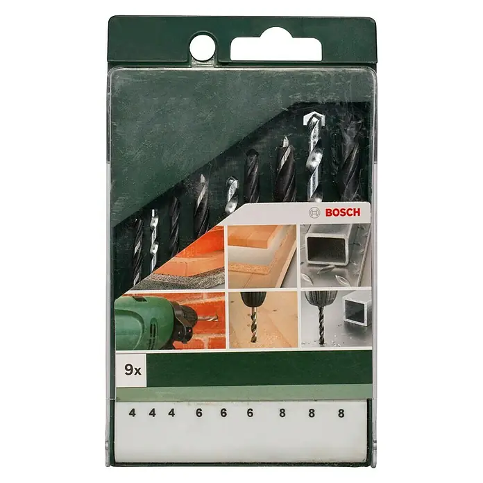 Bosch Bohrer-Set - HSS-R, Holz/Metall/Stein, 9 -tlg. - Eine Packung Bosch-Universalbohrer, die eine Vielzahl von Bohrarbeiten für verschiedene Materialien ermöglicht und eine gute Ergänzung für jeden Werkzeugkasten darstellt.