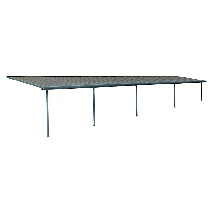 Solid Elements Terrassenüberdachung Martina - B x T: 1.340 x 300 cm, Anthrazitgrau, Polycarbonat, Transparent - Eine graue Terrassenüberdachung mit Stützen und einer langen, flachen Dachkonstruktion bietet Schatten im Freien.