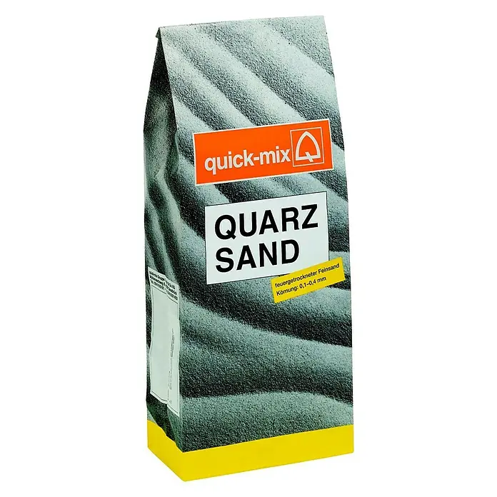 Quick-Mix Quarzsand - 10 kg, Feuergetrocknet - Sack Quick-Mix Quarzsand, feuergetrockneter Feinsand in Grautönen und gelbem Boden, ideal für vielfältige Anwendungen.