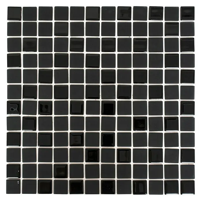 Selbstklebemosaik Quadrat Crystal Mix SAM 4CM22 - 30 x 30 cm, Schwarz, Matt - Quadratisches Mosaik aus schwarzen Fliesen mit glänzender Oberfläche und weißen Fugen für stilvolle Wand- und Bodengestaltung.