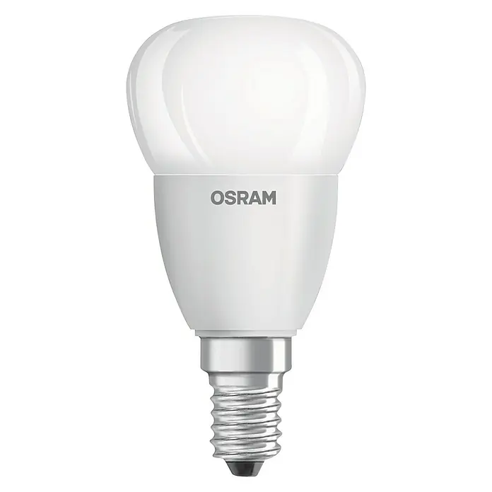 Osram LED-Lampe Tropfenform E14 matt - E14, Nicht Dimmbar, Kaltweiß, 470 lm, 5 W - Nahaufnahme einer OSRAM LED-Lampe mit E14-Sockel, die für energieeffiziente Beleuchtung im Haushalt sorgt. Perfekt für Lampen mit kleinem Gewinde.