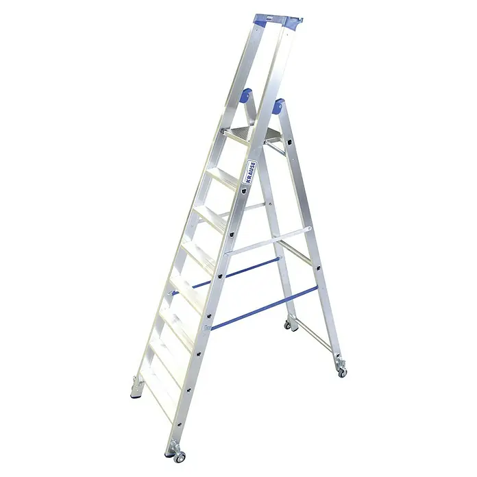 Krause Stabilo Stehleiter Fahrbar - Anzahl Tritte: 8 Stk., Arbeitshöhe: 3,9 m, Aluminium - Eine Klapptrittleiter von Krause in Silber mit blauen Akzenten. Ideal für Arbeiten im Haushalt und Gewerbe.