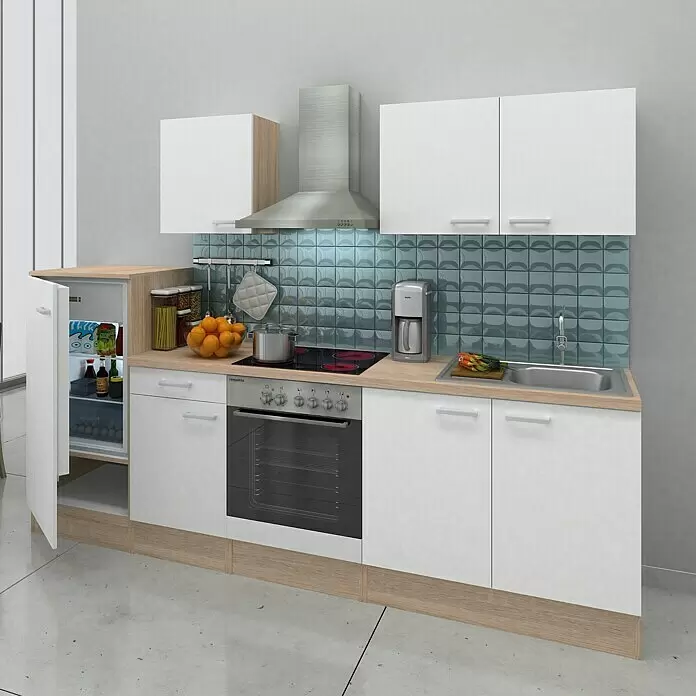 Respekta Composición de cocina Petunia - Ancho: 270 cm, Blanco, Horno, placa vitrocerámica. campana extractora y frigorífico, Con electrodomésticos - Cocina moderna compacta con gabinetes blancos, encimeras efecto madera clara, electrodomésticos y salpicadero de azulejos azules.