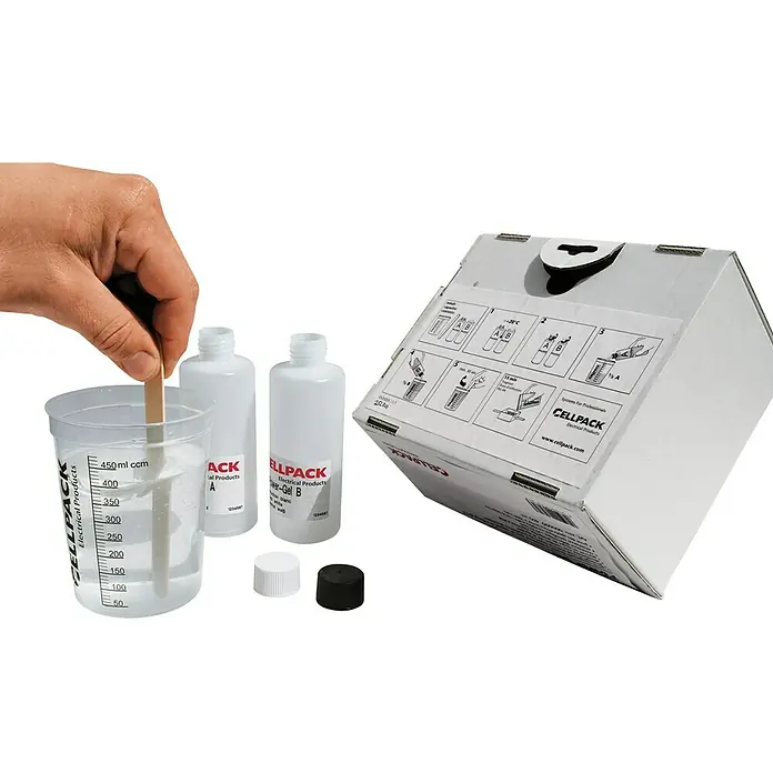 Cellpack Zweikomponenten-Gel - 400 ml - Das Bild zeigt ein Cellpack-Verbindungsmuffen-Set mit Harzkomponenten, Mischbecher und einer Person, die das Harz mischt, zusammen mit der Produktverpackung.