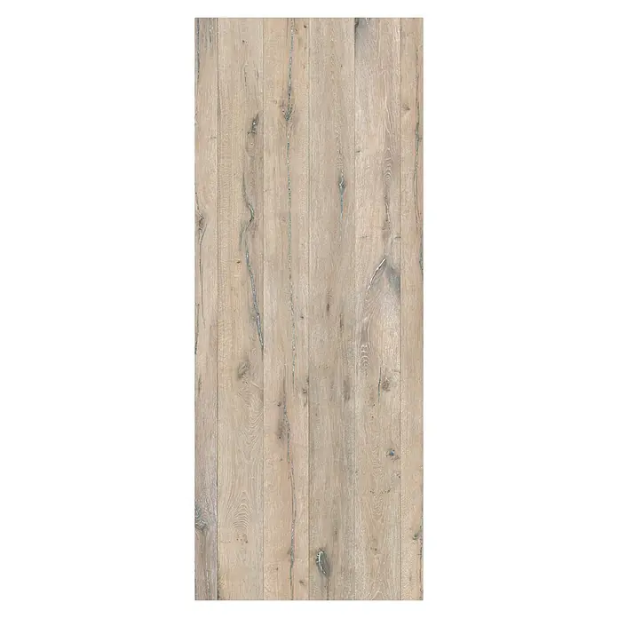 GEO Alu-Verbundplatte - 100 x 210 cm, Eiche Gekalkt - Das Bild zeigt eine Nahaufnahme von hellfarbigen Holzpaneelen mit deutlicher Maserung, ideal für Bodenbeläge oder Wandverkleidungen.