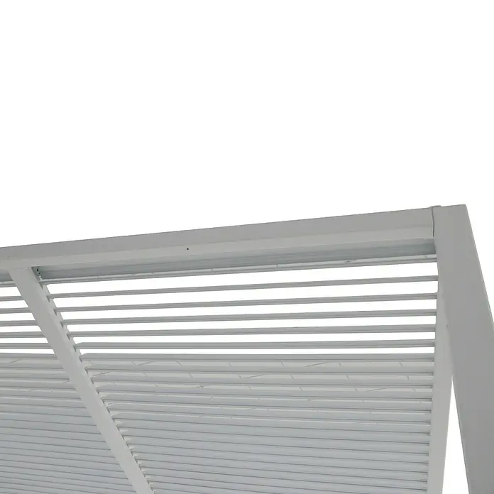 Sunfun Pérgola adosada Palma - An x Pr: 400 x 300 cm, Blanco, Aluminio - Vista detallada de una pérgola de lamas blanca y elegante, que proporciona sombra y añade un toque moderno a tu espacio exterior.