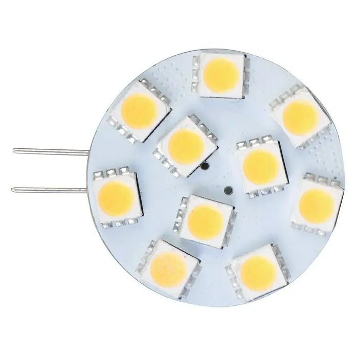 Talamex LED-Plättchen für Boote - 1,7 W, 10 V - 30 V, Lichtfarbe: Warmweiß, G (A bis G) - Nahaufnahme einer LED-Lampe mit mehreren quadratischen Leuchtdioden und zwei Stiftkontakten auf schwarzem Hintergrund.