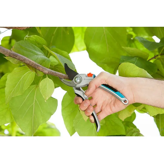 Gardena Comfort Gartenschere B/L - Bypass, Max. Aststärke: 25 mm - Eine Hand schneidet mit einer Gardena Gartenschere einen Ast ab. Präzise Schnitte für gesunde Pflanzen.