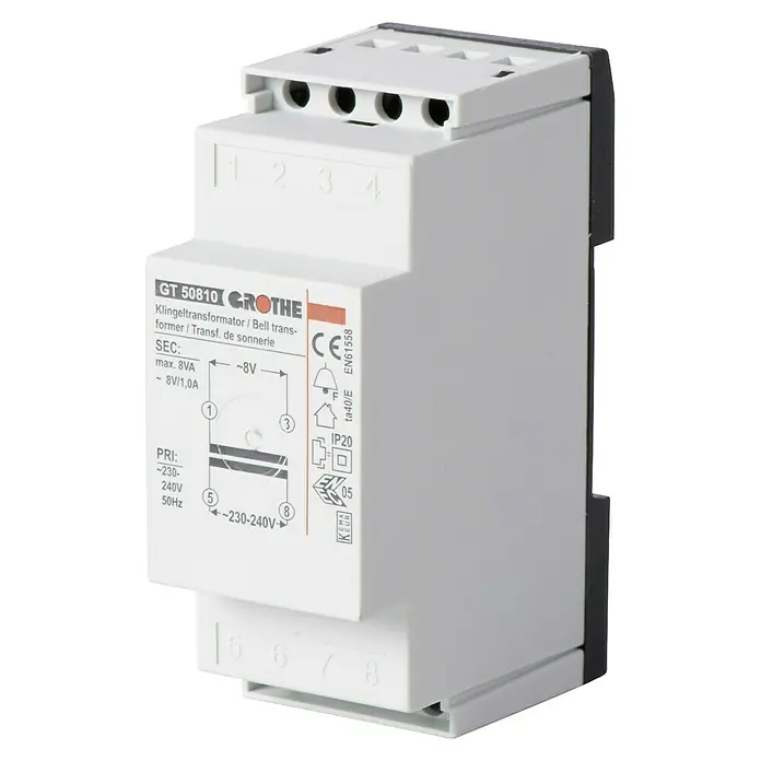 Grothe Klingeltrafo - 230 - 240 V/50 Hz, 8 V ~ 1 A, Fail-Safe - Abbildung eines Grothe GT 50810 Klingeltransformators zur Stromversorgung von Türklingeln.