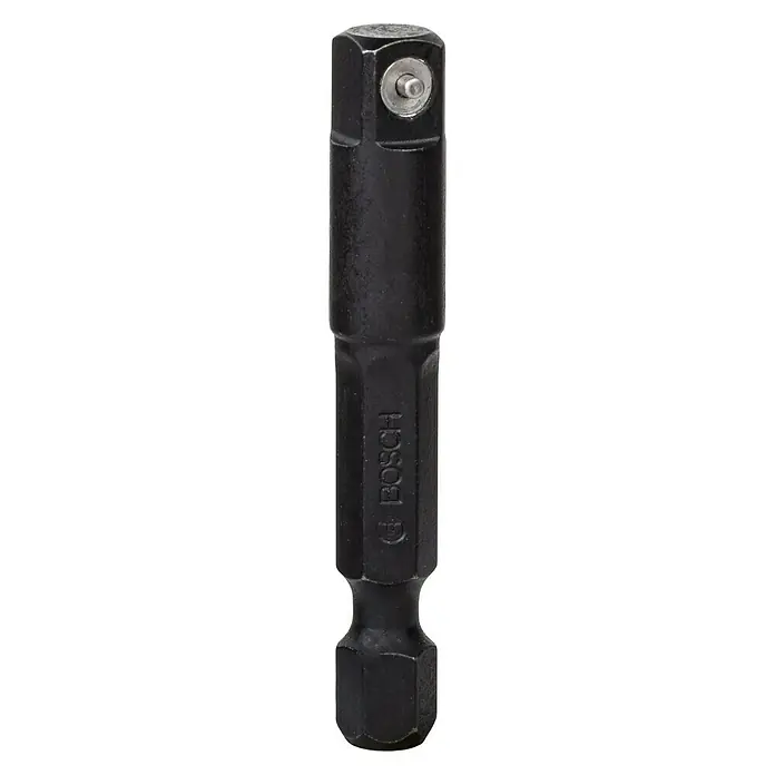 Bosch Steckschlüsseleinsatz-Adapter - Antriebsgröße: ¼″ Außensechskant, Abtriebsgröße: ¼″ Außenvierkant - Das Bild zeigt einen schwarzen Bosch-Bit-Adapter, der für Schraubarbeiten verwendet wird und eine hohe Qualität verspricht.