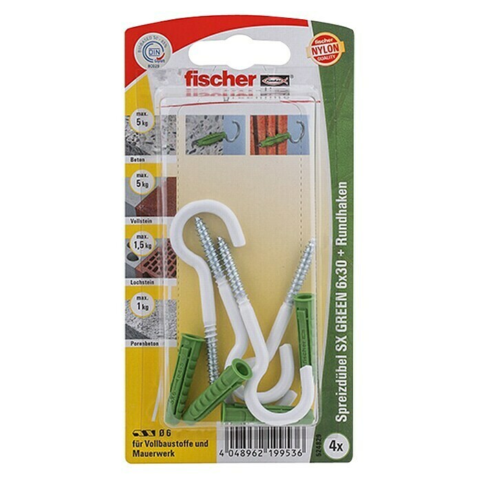 Fischer Spreizdübel-Set SX Green RH K (Durchmesser Dübel: 6 mm, Länge Dübel: 30 mm, 4 Stk., Mit Haken)