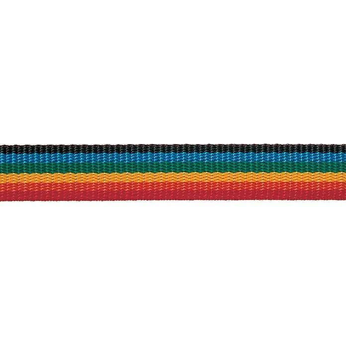 Stabilit Gurtband Meterware - Belastbarkeit: 80 kg, Breite: 25 mm, Polypropylen, Regenbogen - Nahaufnahme eines bunten Gurtbandes mit Streifen in Schwarz, Grün, Gelb und Rot. Ideal für Bastelarbeiten oder als modisches Accessoire.