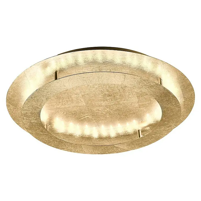 Paul Neuhaus Nevis LED-Deckenleuchte - 24 W, Gold, Warmweiß - Nahaufnahme einer modernen runden Deckenleuchte mit Blattgold-Finish und integrierter LED-Beleuchtung, die ein warmes, einladendes Licht ausstrahlt.