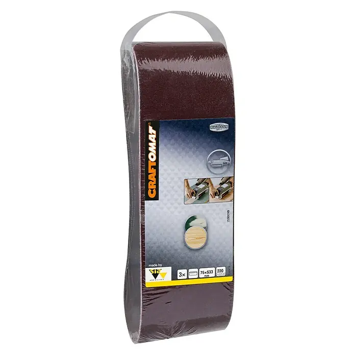 Craftomat Lija de banda - L x An: 533 x 75 mm, Grano: 220, 3 ud. - Imagen de un juego de cintas de lijar Craftomat, ideal para lijar madera con dimensiones de 75x533 mm y grano 220.