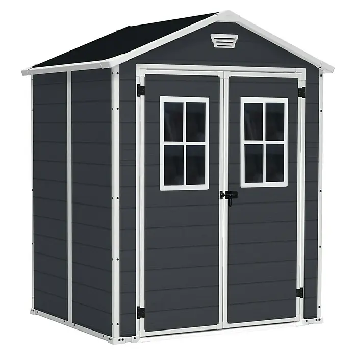 Keter Gerätehaus Manor 6x5 - Außenmaß inkl. Dachüberstand (B x T): 185 x 152 cm, Kunststoff, Anthrazit/Weiß - Ein modernes Gartenhaus in Anthrazit mit weißen Akzenten, ideal für die Aufbewahrung von Gartengeräten und -möbeln.