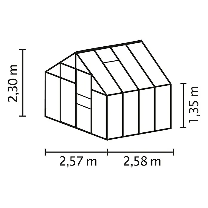 Vitavia Gewächshaus Merkus 6700 Plus - Außenmaß inkl. Dachüberstand (B x T): 257 x 258 cm, 4 mm, Aluminium - Schemazeichnung eines Gewächshauses mit Höhen- und Breitenangaben. Das Gewächshaus ist 2,30 m hoch und 5,15 m breit.