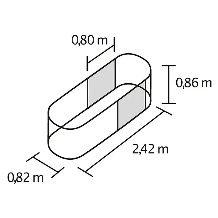 Vitavia Hochbeet-Erweiterung Stretched 858 - 80 x 86 cm, Stahl, Farbe: Granit - Abbildung der Abmessungen eines rechteckigen Laufgitters mit abgerundeten Enden und zwei vertikalen Streben.